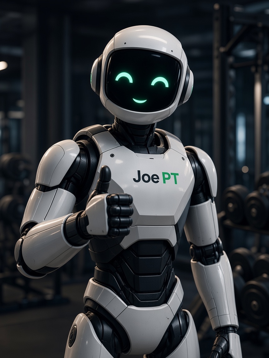 Joe, a friendly robot coach, giving a thumbs up in a dark gym